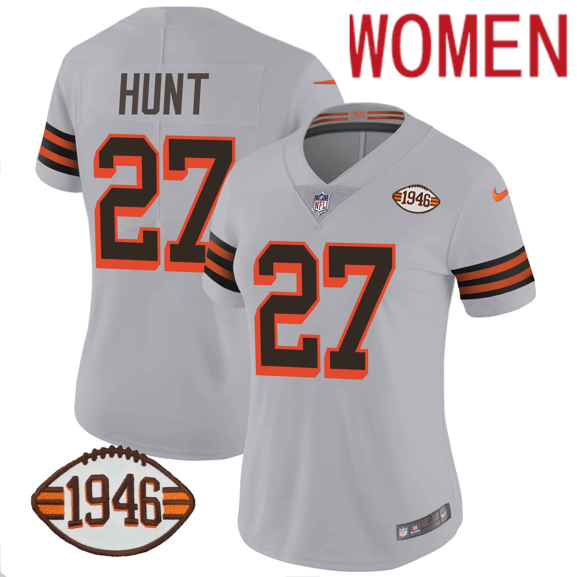 Women Cleveland Browns #27 Hunt Grey 1946 75th Anniversary Patch 2024 Nike NFL Jersey->women nfl jersey->Women Jersey